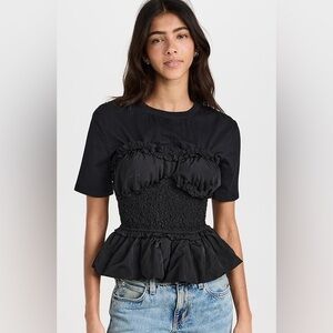 SEA NY Black Diana ruffled cotton-jersey and shirred taffeta top